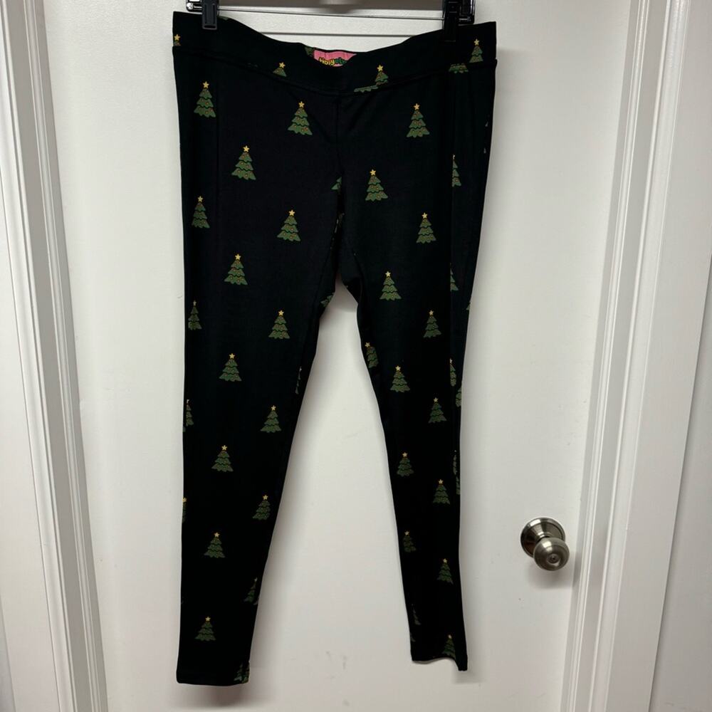 Tipsy Elves Womens Christmas Tree Leggings Shiny Black Green Size Large Festive